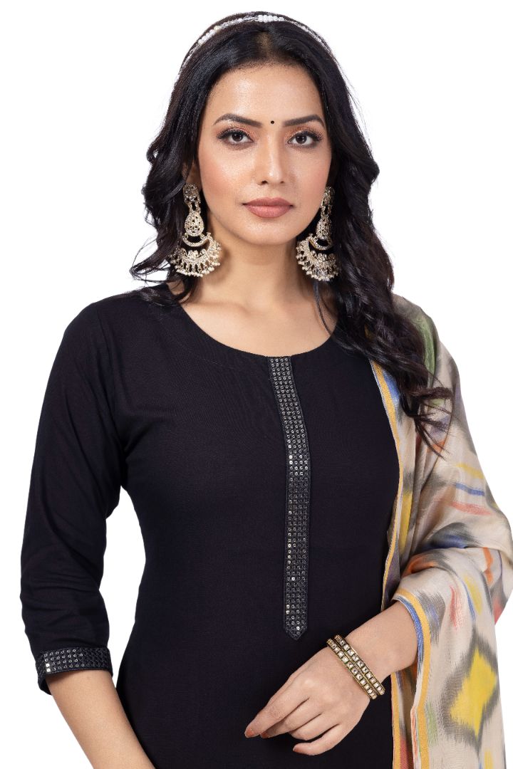 SOLID ETHNIC KURTA NECK EMBROIDERY WORK WITH IKKAT DUPATTA