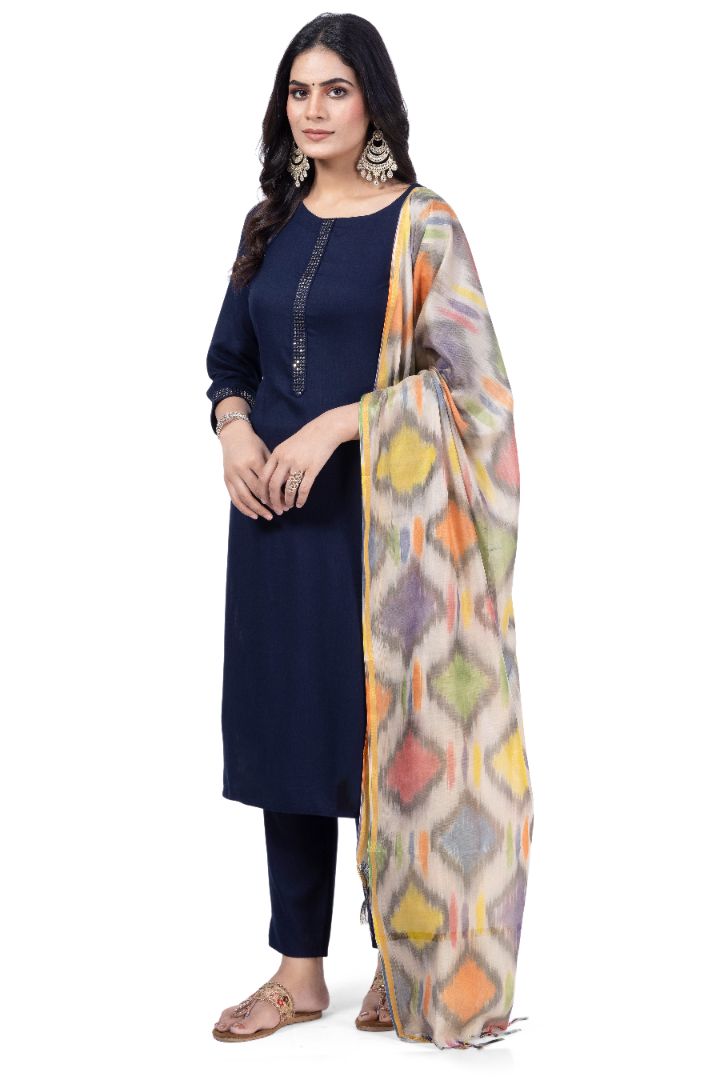 SOLID ETHNIC KURTA NECK EMBROIDERY WORK WITH IKKAT DUPATTA