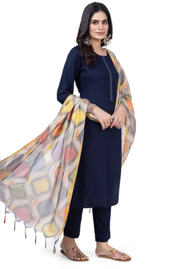 SOLID ETHNIC KURTA NECK EMBROIDERY WORK WITH IKKAT DUPATTA