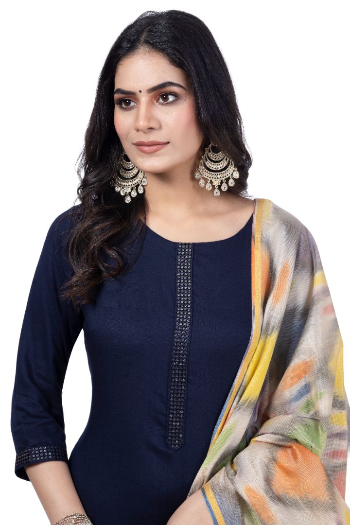 SOLID ETHNIC KURTA NECK EMBROIDERY WORK WITH IKKAT DUPATTA