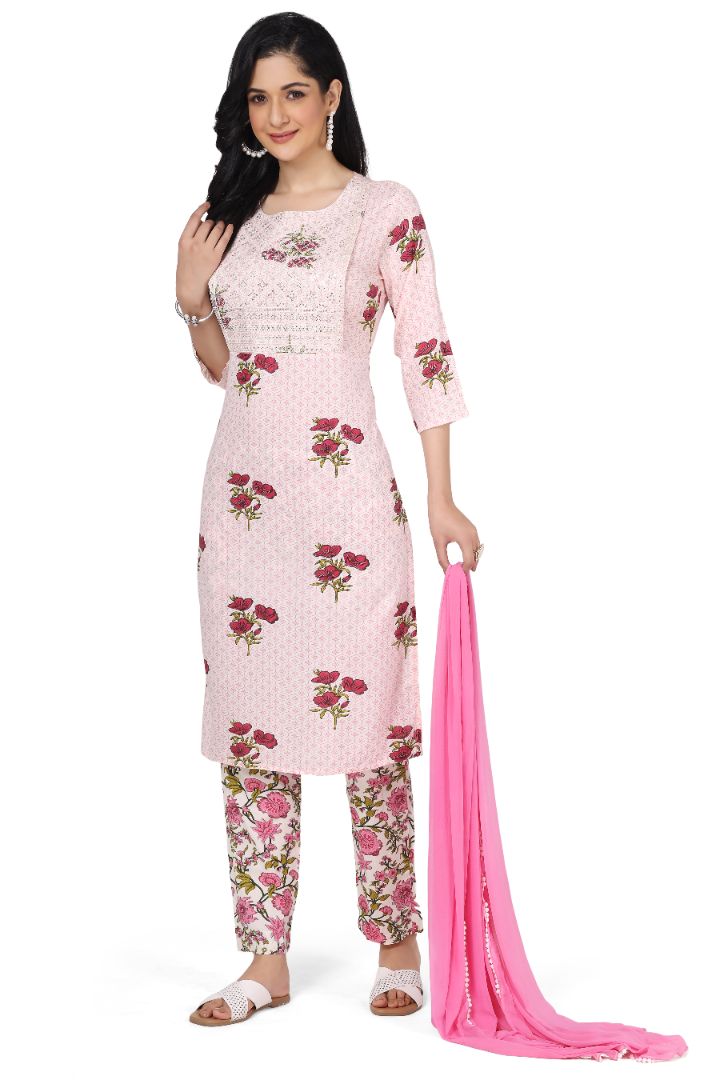 FEEDING PRINTED ETHNIC COTTON KURTA SET WITH NECK EMBROIDERY