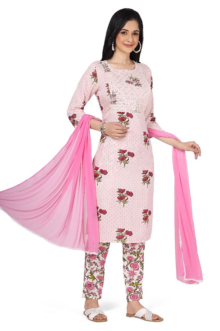 FEEDING PRINTED ETHNIC COTTON KURTA SET WITH NECK EMBROIDERY