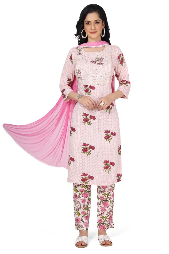 FEEDING PRINTED ETHNIC COTTON KURTA SET WITH NECK EMBROIDERY