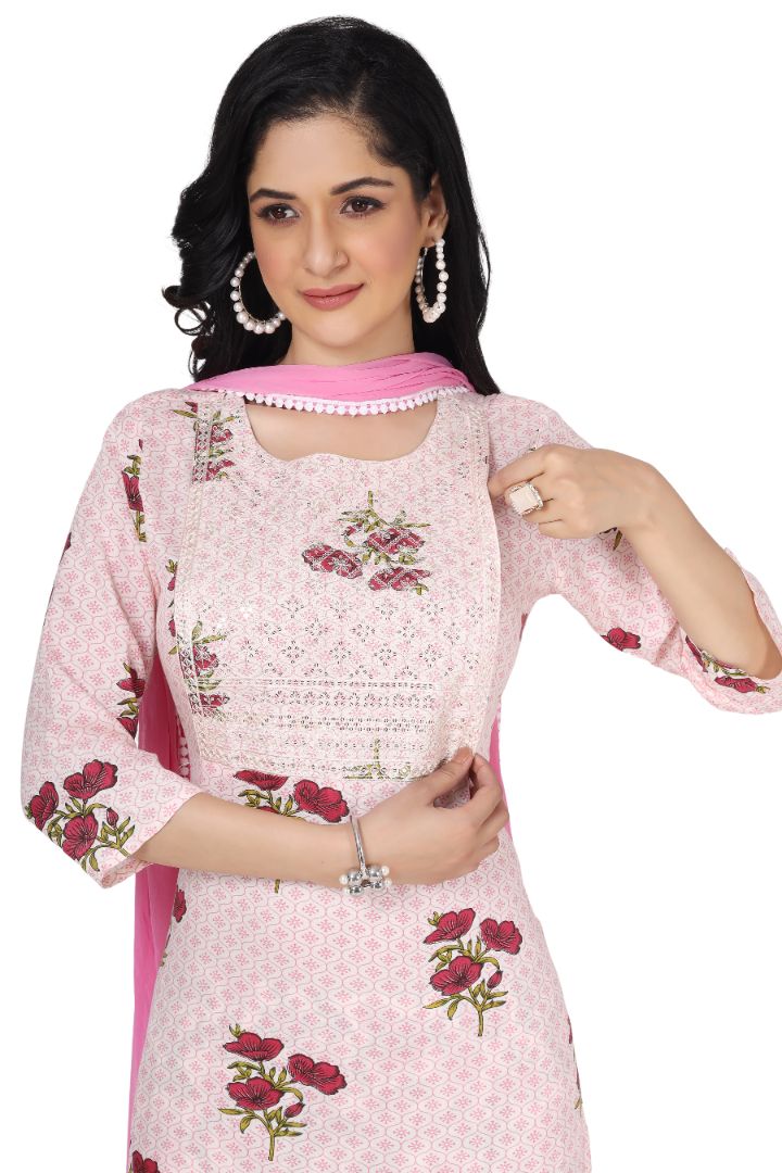 FEEDING PRINTED ETHNIC COTTON KURTA SET WITH NECK EMBROIDERY