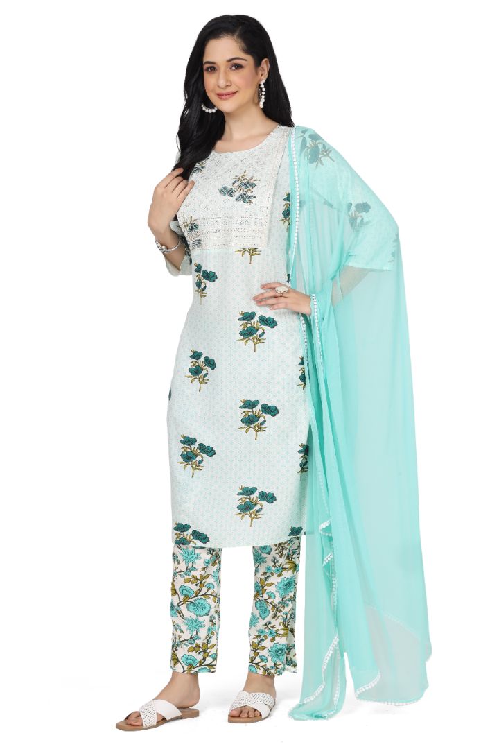 FEEDING PRINTED ETHNIC COTTON KURTA SET WITH NECK EMBROIDERY