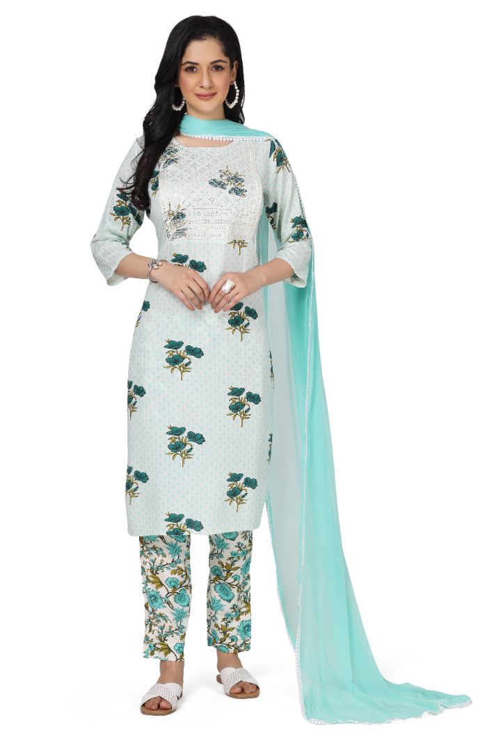 FEEDING PRINTED ETHNIC COTTON KURTA SET WITH NECK EMBROIDERY