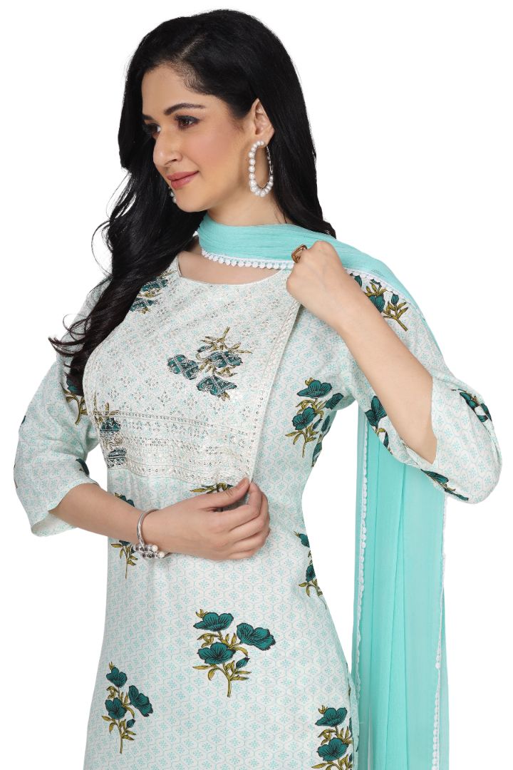 FEEDING PRINTED ETHNIC COTTON KURTA SET WITH NECK EMBROIDERY