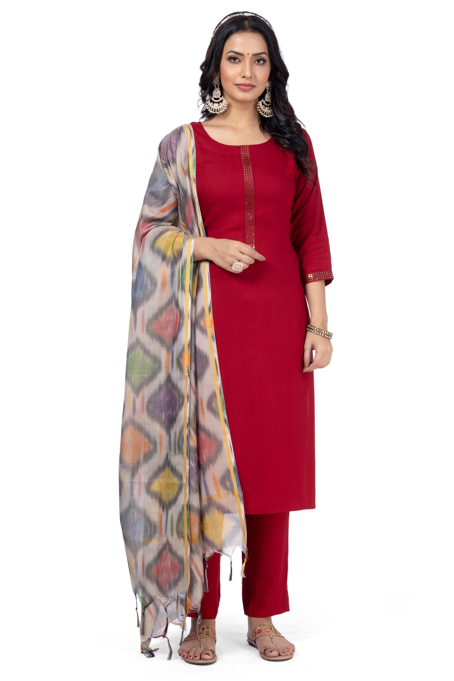SOLID ETHNIC KURTA NECK EMBROIDERY WORK WITH IKKAT DUPATTA