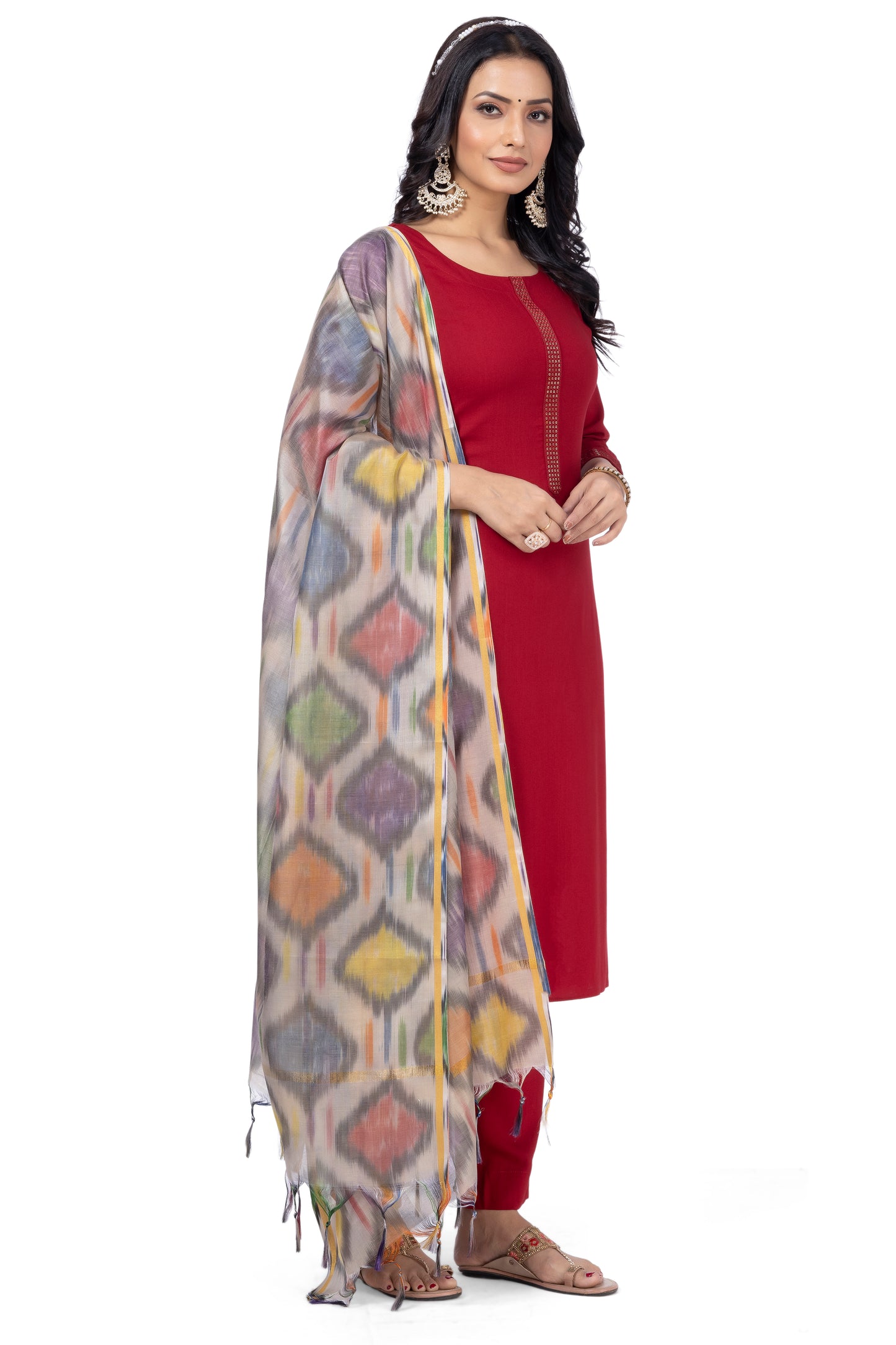 SOLID ETHNIC KURTA NECK EMBROIDERY WORK WITH IKKAT DUPATTA