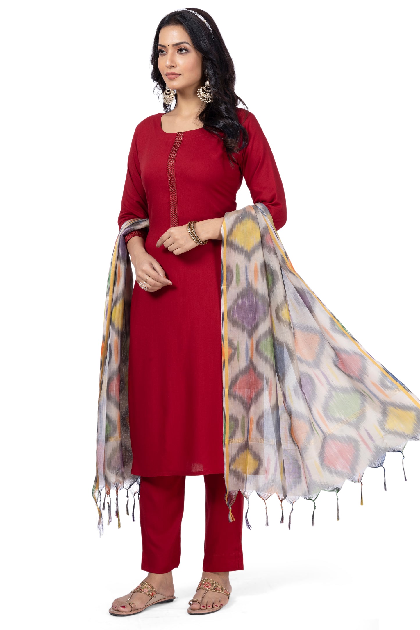 SOLID ETHNIC KURTA NECK EMBROIDERY WORK WITH IKKAT DUPATTA