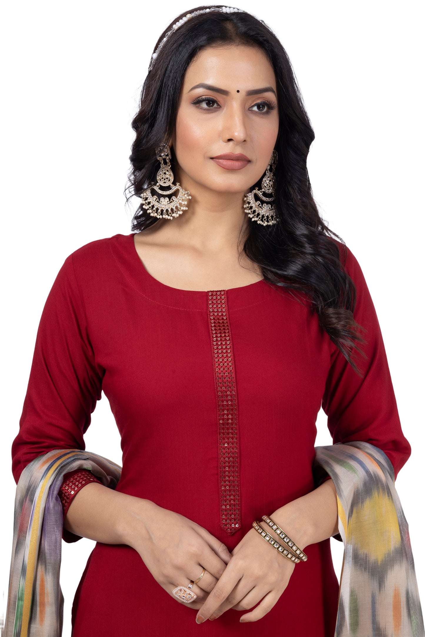 SOLID ETHNIC KURTA NECK EMBROIDERY WORK WITH IKKAT DUPATTA