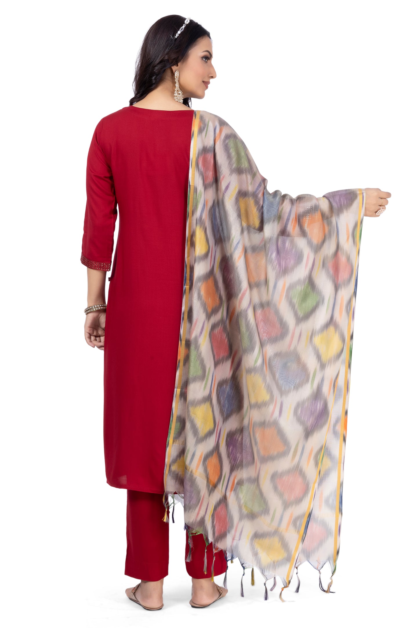 SOLID ETHNIC KURTA NECK EMBROIDERY WORK WITH IKKAT DUPATTA